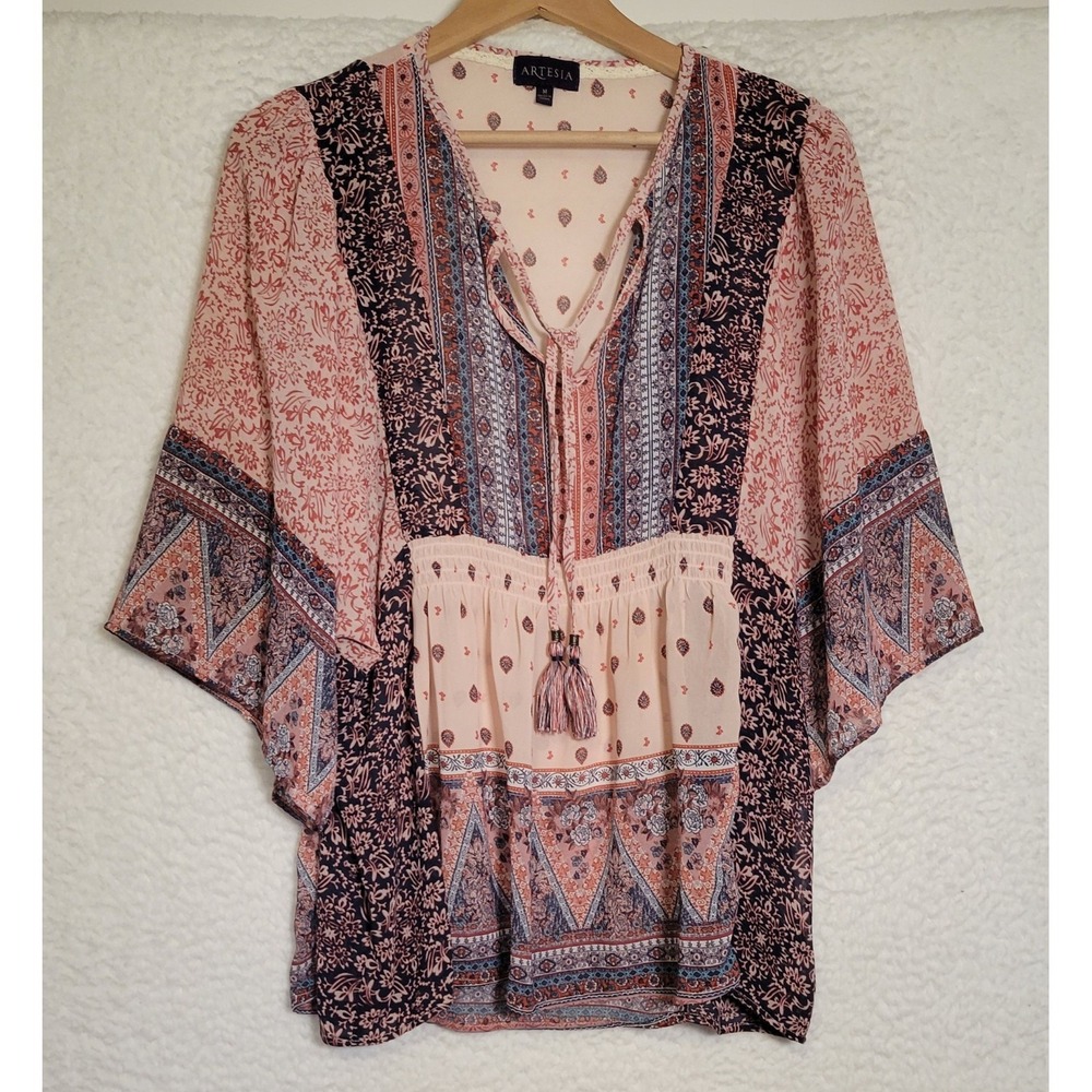 ARTESIA Womens Sheer Top Size M Geometric V-Neck Short Sleeve Tunic Boho 1631